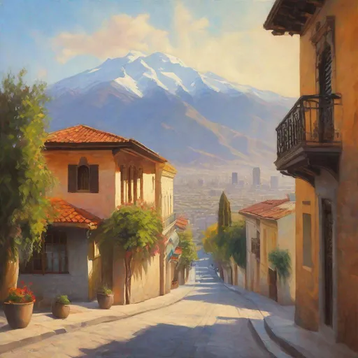 Prompt: Santiago de Chile historical center, streets, skyscrapers, mountains in the background, fortress on a hill, sunny, hot weather, hyperrealistic, extremely detailed painting by Greg Rutkowski by Steve Henderson 