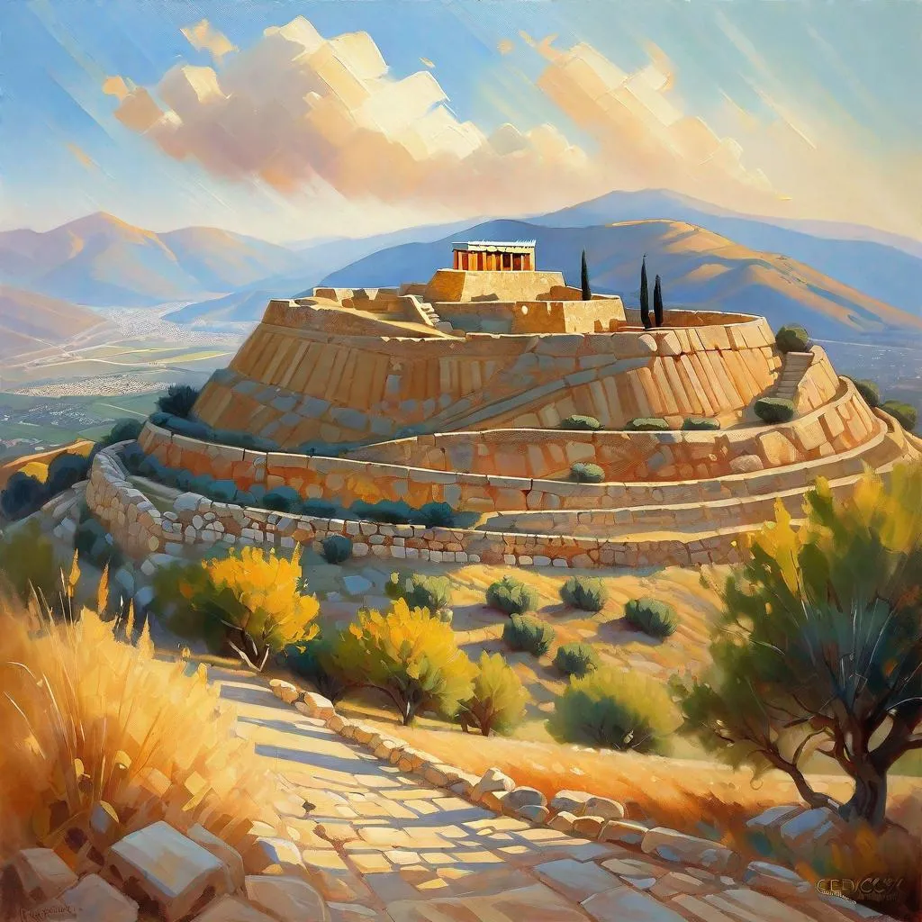 Prompt: Mycenae citadel, Greece, mountains in the background, fortress on a hill, sunny weather, hyperrealistic, extremely detailed painting by Greg Rutkowski by Steve Henderson 