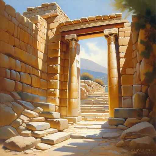 Prompt: Lion Gate entrance in Mycenae, cyclopean walls, merchants, guards, Mycenaean palace on hill, Late Bronze Age, historical reconstruction, sunny weather, hyperrealistic, extremely detailed painting by Greg Rutkowski by Steve Henderson