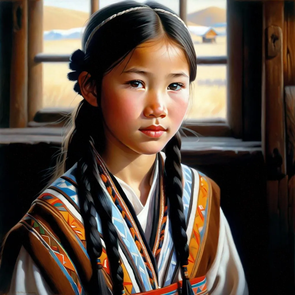 Prompt: A 13 years old Yakut girl, pale skin, freckles, black hair, pigtails, brown eyes, traditional Yakut dress, Yakutsk, photorealistic, extremely detailed painting by Greg Rutkowski by Steve Henderson
