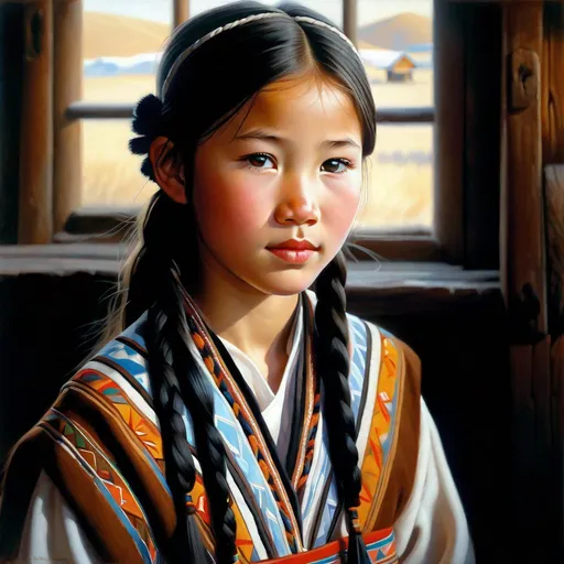 Prompt: A 13 years old Yakut girl, pale skin, freckles, black hair, pigtails, brown eyes, traditional Yakut dress, Yakutsk, photorealistic, extremely detailed painting by Greg Rutkowski by Steve Henderson