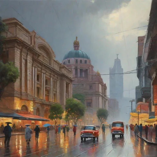 Prompt: Mexico City historical center, streets, skyscrapers, mountains in the background, rainy, cool weather, hyperrealistic, extremely detailed painting by Greg Rutkowski by Steve Henderson 