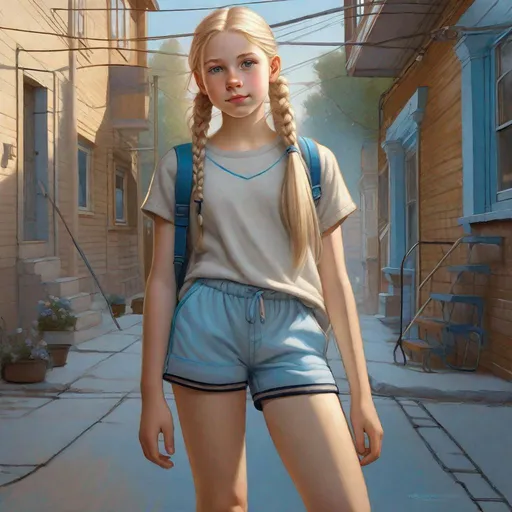 Prompt: A full body portrait of a 13 years old Russian-American girl, pale skin, freckles, blonde hair, pigtails, icy blue eyes, street clothes, shorts, sketch, drawing, concept art, extremely detailed by Greg Rutkowski.