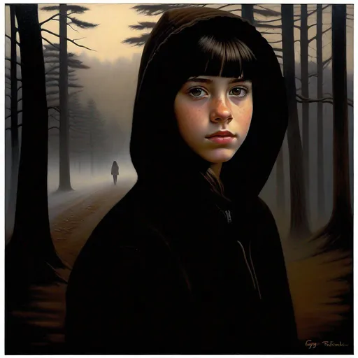 Prompt: A 13 years old Castizo Uruguayan girl, pale skin, freckles, black hair, bangs, brown eyes, cold weather, morning, dense fog, park trails, cabin, creepy, spooky, dark figure in the background, dark brown atmosphere, full body, third-person, full body portrait, photorealistic, extremely detailed painting by Greg Rutkowski by Steve Henderson