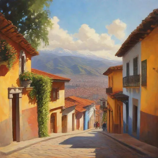Prompt: Bogota Historical Center, streets, mountains in the background, fortress on a hill, sunny, hot weather, hyperrealistic, extremely detailed painting by Greg Rutkowski by Steve Henderson 