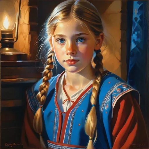 Prompt: A 13 years old Georgian girl, pale skin, freckles, blonde hair, pigtails, blue eyes, traditional Kartvelian dress, Tbilisi at night, photorealistic, extremely detailed painting by Greg Rutkowski by Steve Henderson