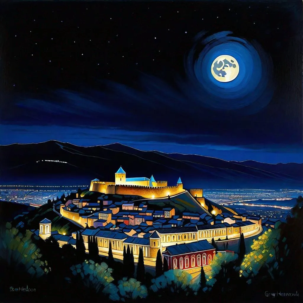 Prompt: Tbilisi at night, Narikala fortress, Old Tbilisi, dark blue sky, moon, extremely detailed painting by Greg Rutkowski by Steve Henderson 