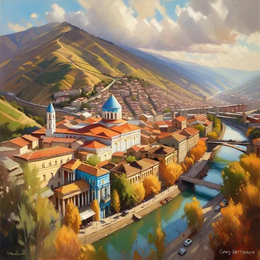 Prompt: Aerial view of Old Tbilisi, photorealistic, extremely detailed painting by Greg Rutkowski by Steve Henderson