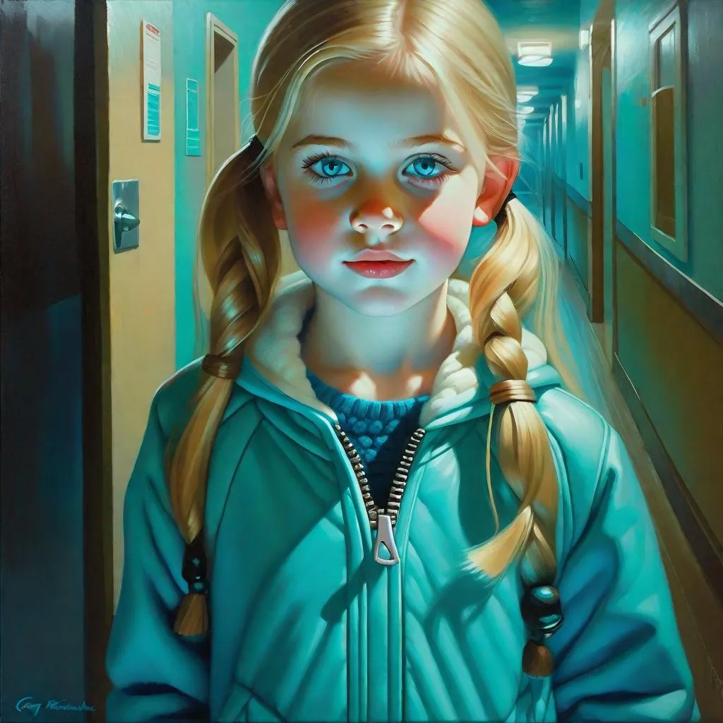 Prompt: A 13 years old Russian-American girl, pale skin, freckles, blonde hair, pigtails, blue eyes, cold weather, night, hospital corridor, turquoise-ish atmosphere, full body portrait, photorealistic, extremely detailed painting by Greg Rutkowski by Steve Henderson