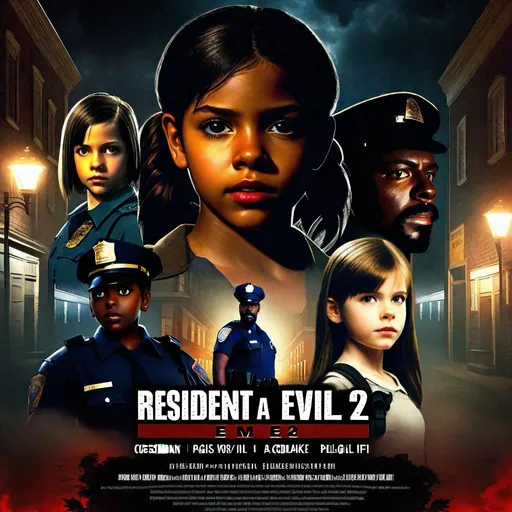 Prompt: A Resident Evil 2 Remake-inspired horror movie poster featuring a 23 years old Cordoban Hispanic girl, pale skin, black hair, brown eyes, bangs, a 41 years old African-American policeman, dark skin, beard, brown eyes, and a 13 years old Russian-American girl, pale skin, freckles, blonde hair, pigtails, blue eyes, night, montage, movie poster, stylized, extremely detailed painting by Greg Rutkowski by Steve Henderson