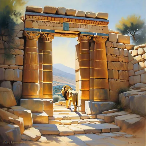 Prompt: Lion Gate entrance in Mycenae, cyclopean walls, merchants, guards, Mycenaean palace on hill, Late Bronze Age, historical reconstruction, sunny weather, hyperrealistic, extremely detailed painting by Greg Rutkowski by Steve Henderson