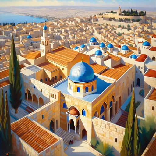 Prompt: Aerial view of Old Jerusalem, photorealistic, extremely detailed painting by Greg Rutkowski by Steve Henderson