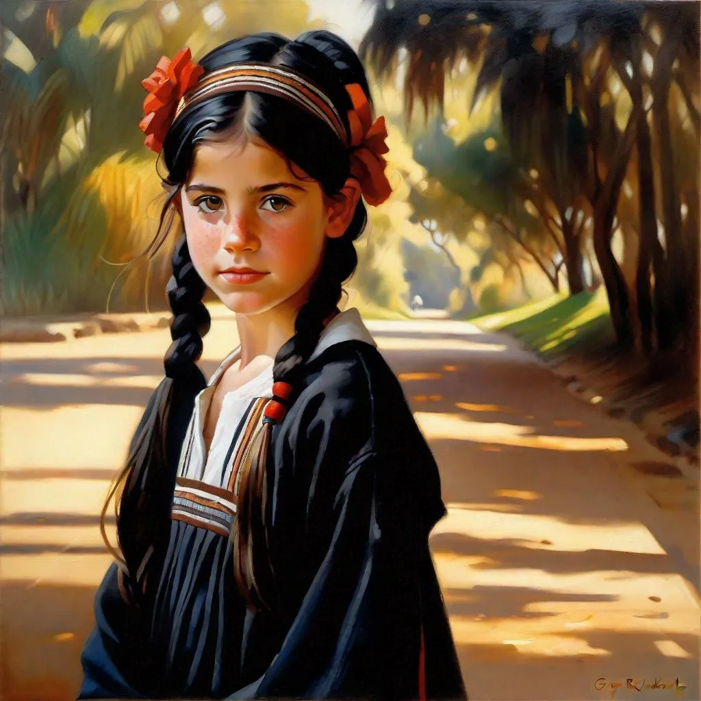 Prompt: A 13 years old Uruguayan Castizo girl, pale skin, freckles, black hair, pigtails, brown eyes, traditional Uruguayan dress, Montevideo, photorealistic, extremely detailed painting by Greg Rutkowski by Steve Henderson