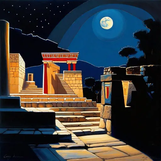 Prompt: Knossos at night, Knossos Palace, streets, bronze age, minotaur in the background, dark blue sky, moon, realistic, extremely detailed painting by Greg Rutkowski by Steve Henderson 