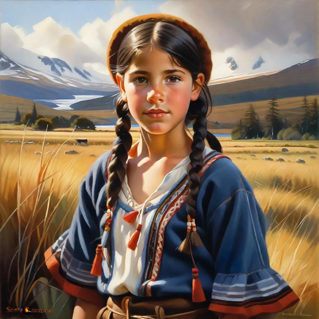 Prompt: A 13 years old Argentinian Castizo girl, pale skin, freckles, black hair, pigtails, brown eyes, traditional Gaucho dress, Tierra del Fuego, photorealistic, extremely detailed painting by Greg Rutkowski by Steve Henderson