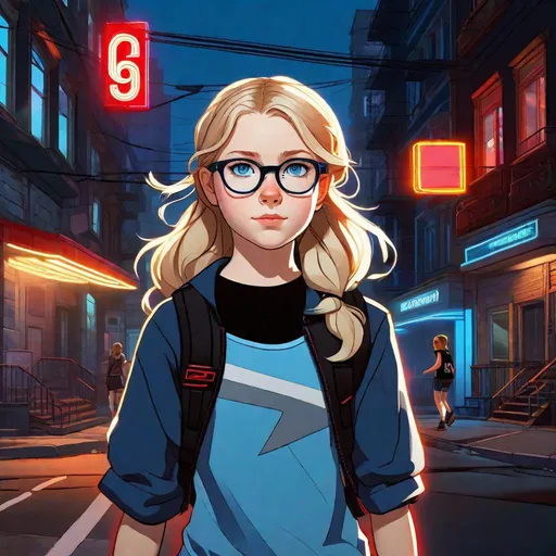 Prompt: 13 years old Russian-American girl, pale skin, freckles, wavy blonde hair, pigtails, icy blue eyes, glasses, black shirt and blue jean shorts, night, street, neon lights, run down buildings, gameplay, Persona 5 style, cel shaded style, intricate, detailed face, by Greg Rutkowski.