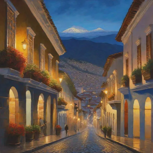 Prompt: Quito historical center, streets, skyscrapers, mountains in the background, autumn, evening, blue hour, photorealistic, extremely detailed painting by Greg Rutkowski by Steve Henderson 
