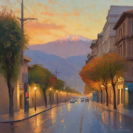 Prompt: Santiago de Chile historical center, streets, skyscrapers, mountains in the background, fortress on a hill, autumn, evening, blue hour, photorealistic, extremely detailed painting by Greg Rutkowski by Steve Henderson 