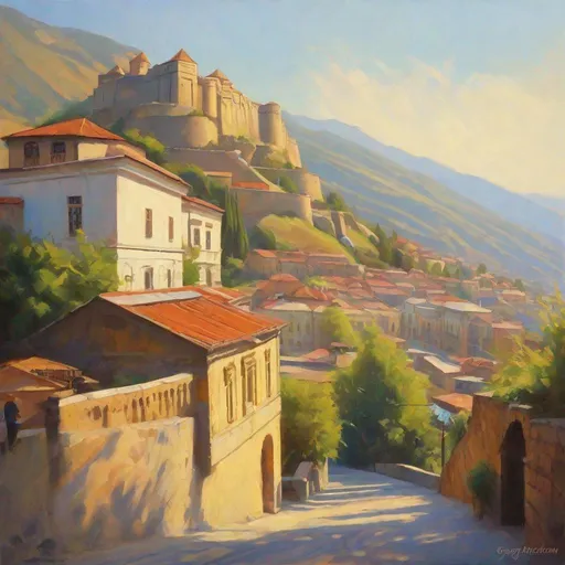 Prompt: Tbilisi, streets, mountains in the background, fortress on a hill, sunny, hot weather, hyperrealistic, extremely detailed painting by Greg Rutkowski by Steve Henderson 