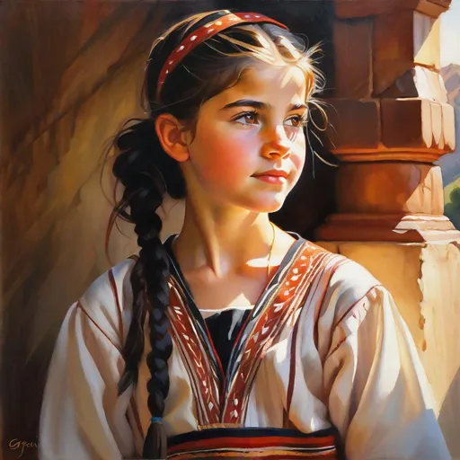 Prompt: A 13 years old Albanian girl, pale skin, freckles, black hair, pigtails, brown eyes, traditional Albanian dress, Berat, photorealistic, extremely detailed painting by Greg Rutkowski by Steve Henderson