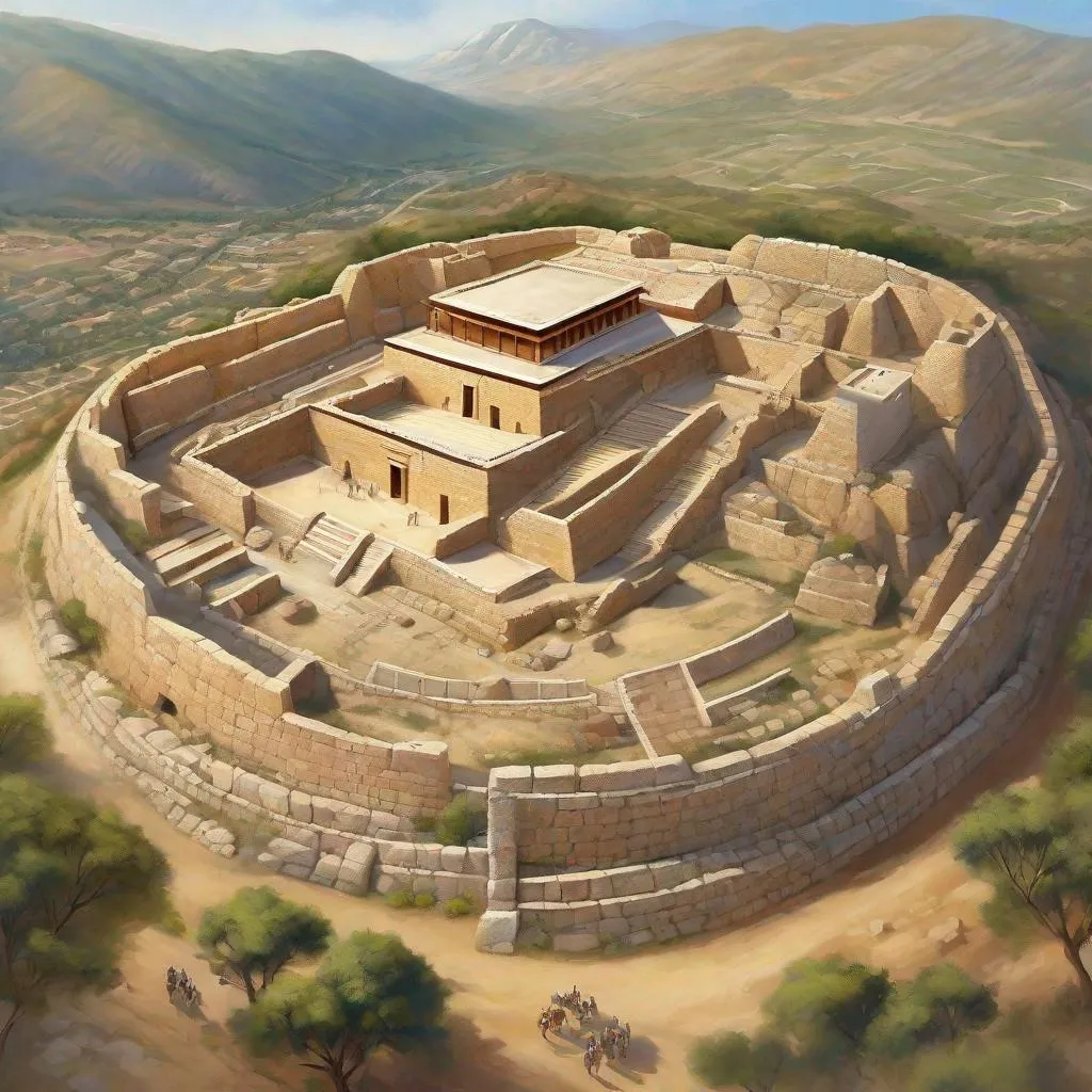 Prompt: Aerial view of Mycenae citadel, large cyclopean walls, Grave Circle A, merchants, guards, Mycenaean palace complex on hill, Late Bronze Age, historical reconstruction, sunny weather, hyperrealistic, extremely detailed painting.