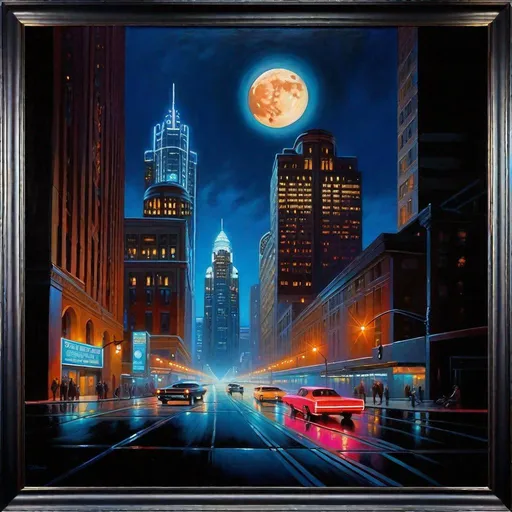 Prompt: Detroit at night, streets, skyscrapers in the background, 2020s, cyberpunk, neon, dark blue sky, moon, hyperrealistic, extremely detailed painting by Greg Rutkowski by Steve Henderson 