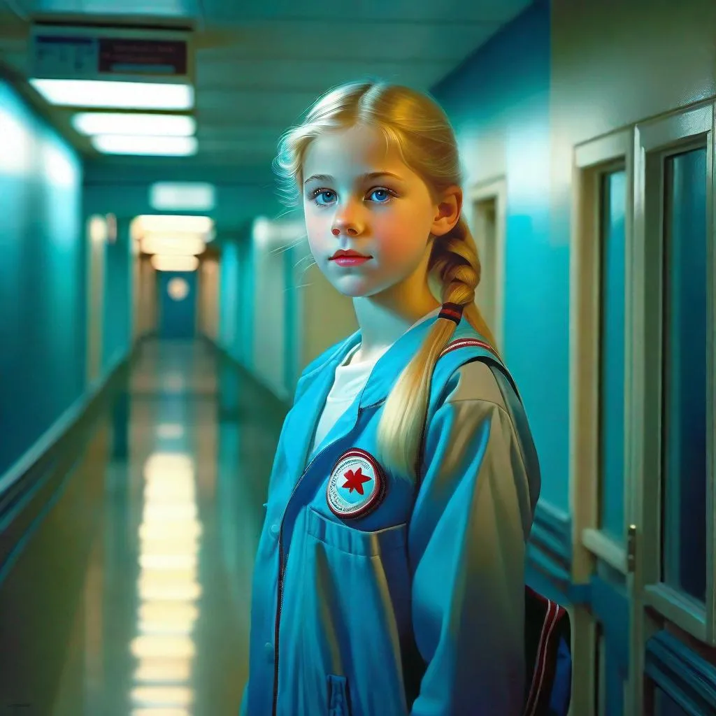 Prompt: A 13 years old Russian-American girl, pale skin, freckles, blonde hair, pigtails, icy blue eyes, night, hospital corridor, full body portrait, 80's movie, photorealisitc style, extremely detailed painting by Greg Rutkowski by Steve Henderson