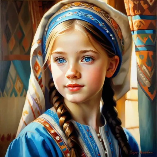 Prompt: A 13 years old Tatar girl, pale skin, freckles, blonde hair, pigtails, blue eyes, traditional Tatar dress, Kazan, photorealistic, extremely detailed painting by Greg Rutkowski by Steve Henderson