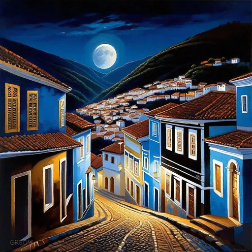 Prompt: Ouro Preto at night, Ouro Preto streets, dark blue sky, moon, realistic, extremely detailed painting by Greg Rutkowski by Steve Henderson 