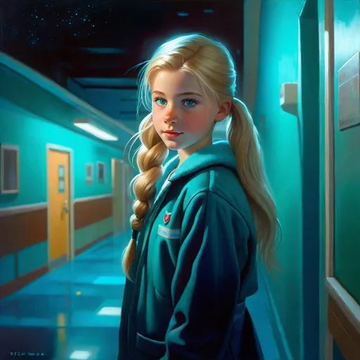 Prompt: A 13 years old Russian-American girl, pale skin, freckles, blonde hair, pigtails, blue eyes, cold weather, night, hospital corridor, turquoise-ish atmosphere, full body, third-person, gameplay, photorealistic, extremely detailed painting by Greg Rutkowski by Steve Henderson