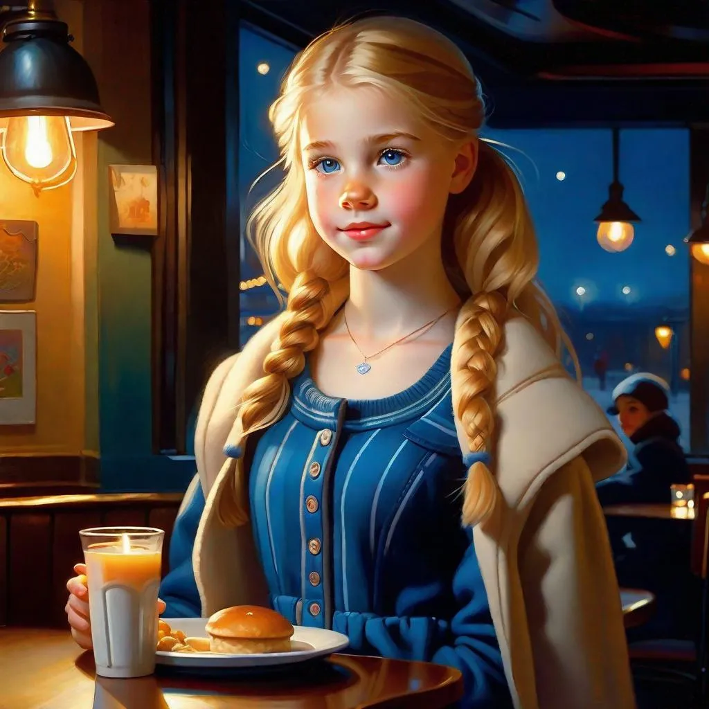 Prompt: A 13 years old Russian-American girl, pale skin, freckles, blonde hair, pigtails, blue eyes, cold weather, night, diner, warm atmosphere, full body, third-person, gameplay, photorealistic, extremely detailed painting by Greg Rutkowski by Steve Henderson