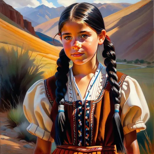 Prompt: A 13 years old Argentinian Castizo girl, pale skin, freckles, black hair, pigtails, brown eyes, traditional Gaucho dress, Patagonia, photorealistic, extremely detailed painting by Greg Rutkowski by Steve Henderson