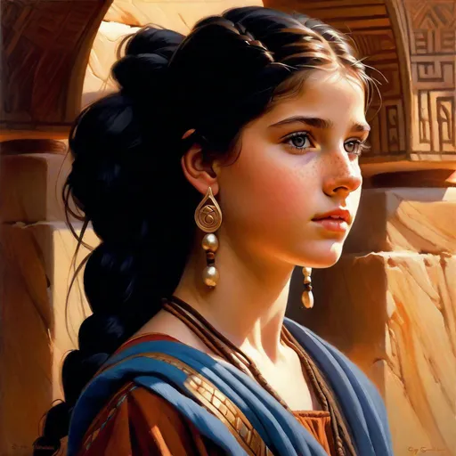 Prompt: A 13 years old Carthaginian girl, pale skin, freckles, black hair, pigtails, brown eyes, traditional Punic dress, Ancient Carthage, photorealistic, extremely detailed painting by Greg Rutkowski by Steve Henderson