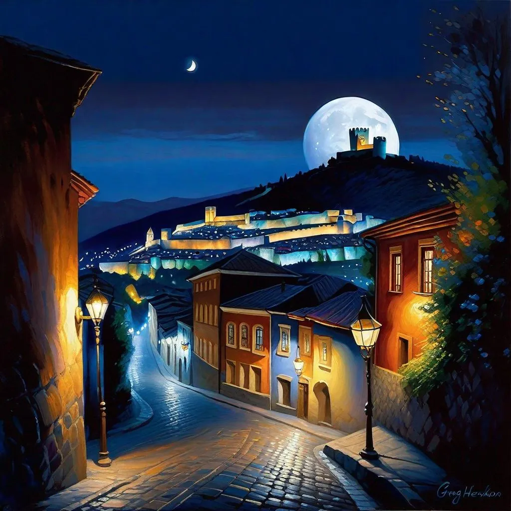 Prompt: Tbilisi at night, Narikala fortress, Old Tbilisi streets, dark blue sky, moon, realistic, extremely detailed painting by Greg Rutkowski by Steve Henderson 