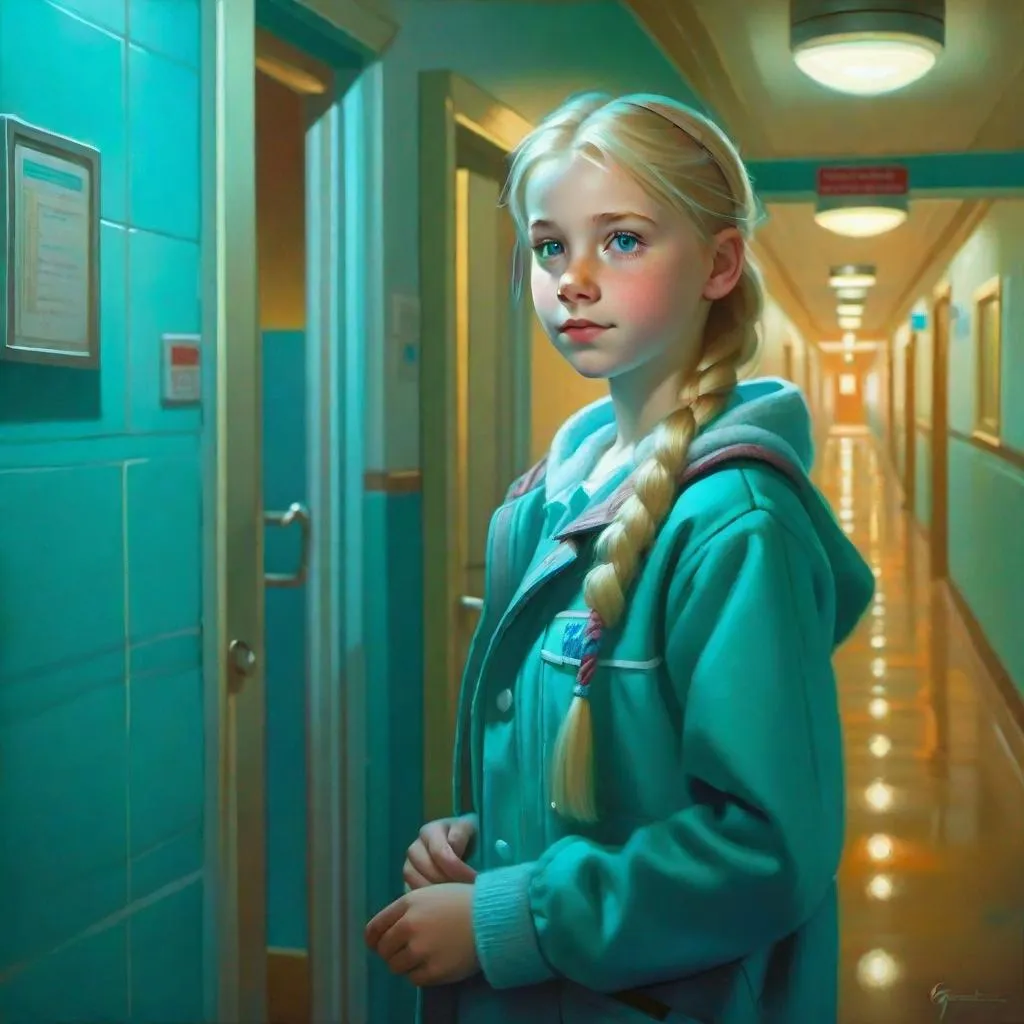Prompt: A 13 years old Russian-American girl, pale skin, freckles, blonde hair, pigtails, blue eyes, cold weather, night, hospital corridor, turquoise-ish atmosphere, full body, third-person, gameplay, photorealistic, extremely detailed painting by Greg Rutkowski by Steve Henderson