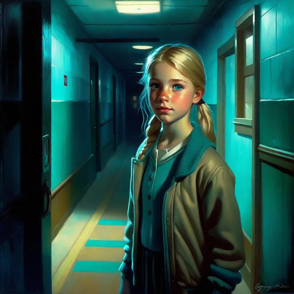 Prompt: A 13 years old Russian-American girl, pale skin, freckles, blonde hair, pigtails, blue eyes, cold weather, night, hospital corridor, turquoise-ish atmosphere, creepy, spooky, dark figure in the background, full body, third-person, gameplay, full body portrait, photorealistic, extremely detailed painting by Greg Rutkowski by Steve Henderson