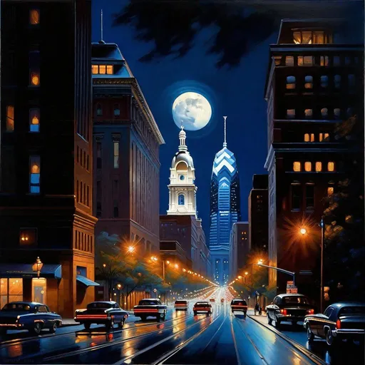 Prompt: Philadelphia at night, streets, skyscrapers in the background, 2020s, futuristic, dark blue sky, moon, hyperrealistic, extremely detailed painting by Greg Rutkowski by Steve Henderson 