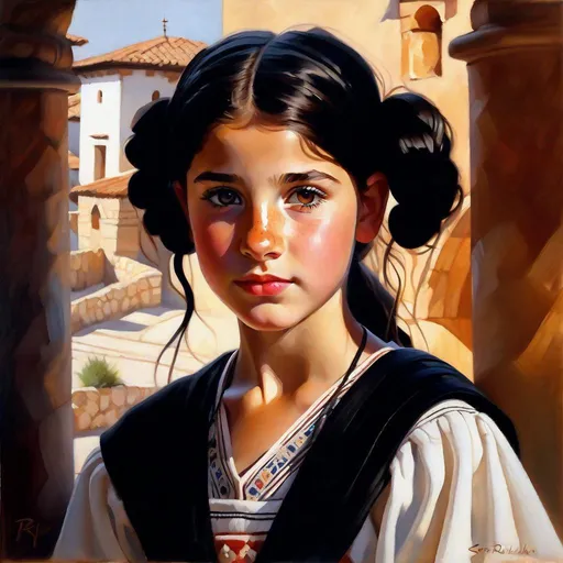 Prompt: A 13 years old Albanian girl, pale skin, freckles, black hair, pigtails, brown eyes, traditional Albanian dress, Berat, photorealistic, extremely detailed painting by Greg Rutkowski by Steve Henderson