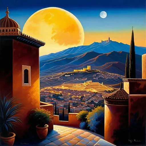 Prompt: Granada, streets, mountains in the background, fortress on a hill, dark blue sky, moon, hyperrealistic, extremely detailed painting by Greg Rutkowski by Steve Henderson 