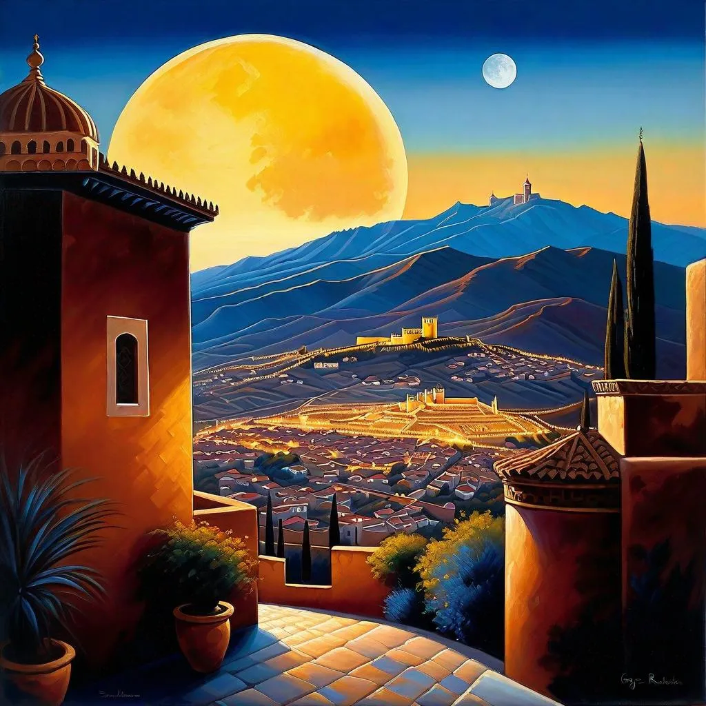 Prompt: Granada, streets, mountains in the background, fortress on a hill, dark blue sky, moon, hyperrealistic, extremely detailed painting by Greg Rutkowski by Steve Henderson 