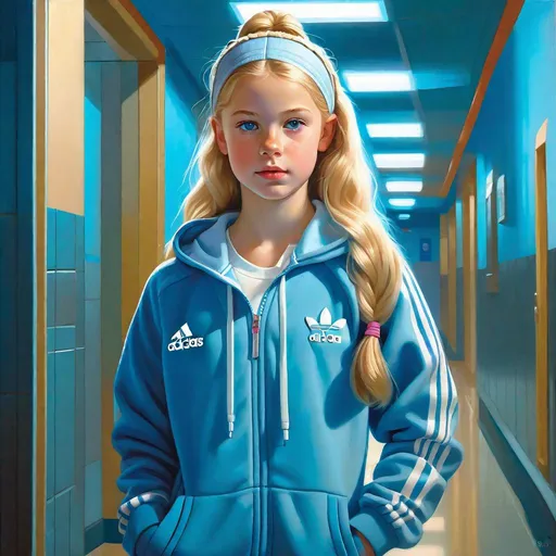 Prompt: A 13 years old Russian-American girl, pale skin, freckles, blonde hair, pigtails, icy blue eyes, addidas tracksuit, cold weather, night, hospital corridor, full body portrait, photorealisitc style, extremely detailed painting by Greg Rutkowski by Steve Henderson