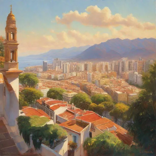 Prompt: Buenos Aires historical center, streets, skyscrapers, mountains in the background, fortress on a hill, sunny, hot weather, hyperrealistic, extremely detailed painting by Greg Rutkowski by Steve Henderson 