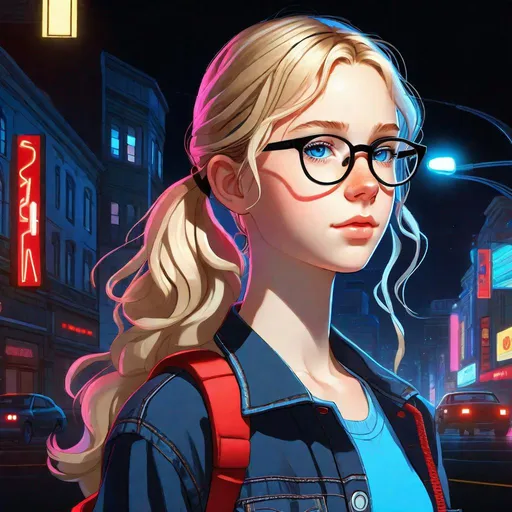 Prompt: 13 years old Russian-American girl, pale skin, freckles, wavy blonde hair, pigtails, icy blue eyes, glasses, black shirt and blue jean shorts, night, street, neon lights, gameplay, Persona 5 style, cel shaded style, intricate, detailed face, by Greg Rutkowski.