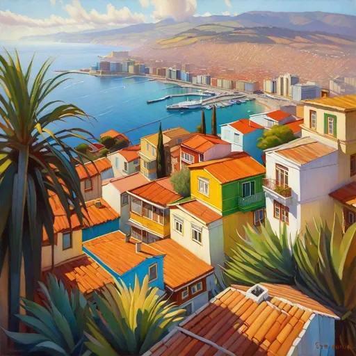 Prompt: Aerial view Valparaiso, Chile, photorealistic, extremely detailed painting by Greg Rutkowski by Steve Henderson