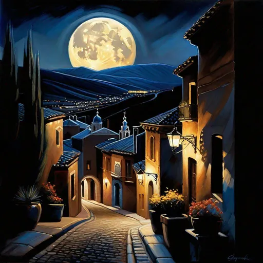 Prompt: Toledo at night, Toledo streets, mountains in the background, dark blue sky, moon, realistic, extremely detailed painting by Greg Rutkowski by Steve Henderson 