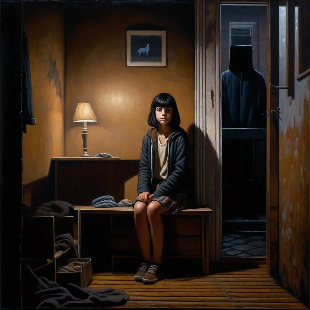 Prompt: A 13 years old Castizo Uruguayan girl, pale skin, freckles, black hair, short hair, bangs, brown eyes, cold weather, night, abandoned apartment, interior, creepy, spooky, dark figure in the background, dark brown atmosphere, full body, third-person, full body portrait, photorealistic, extremely detailed painting by Greg Rutkowski by Steve Henderson