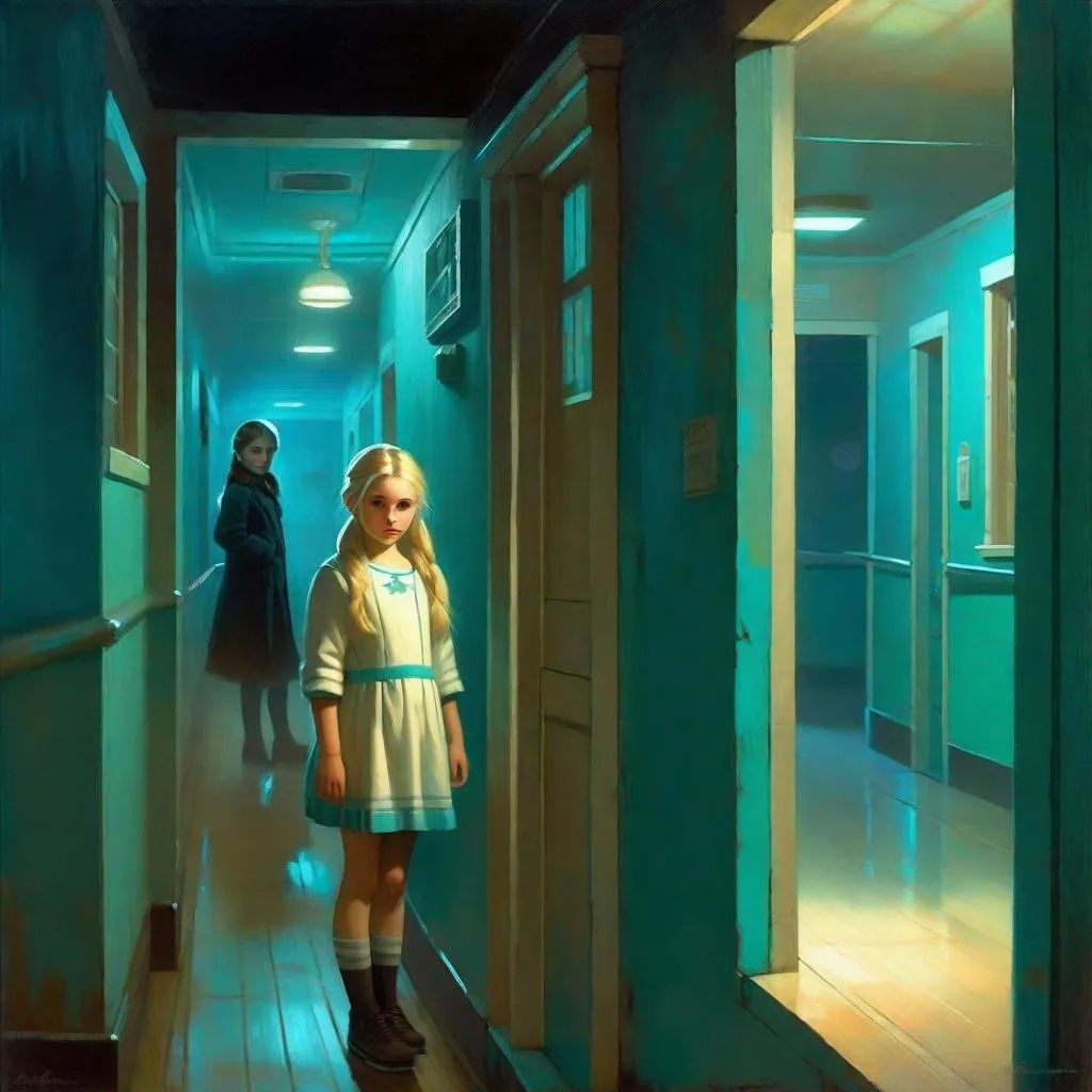 Prompt: A 13 years old Russian-American girl, pale skin, freckles, blonde hair, pigtails, blue eyes, cold weather, night, hospital corridor, turquoise-ish atmosphere, creepy, spooky, dark figure in the background, full body, third-person, gameplay, full body portrait, photorealistic, extremely detailed painting by Greg Rutkowski by Steve Henderson