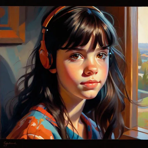 Prompt: 13 years old girl, Portuguese, pale skin, black hair, bangs, brown eyes, nerdy, pajamas, gamer, stylized, extremely detailed painting by Greg Rutkowski by Steve Henderson