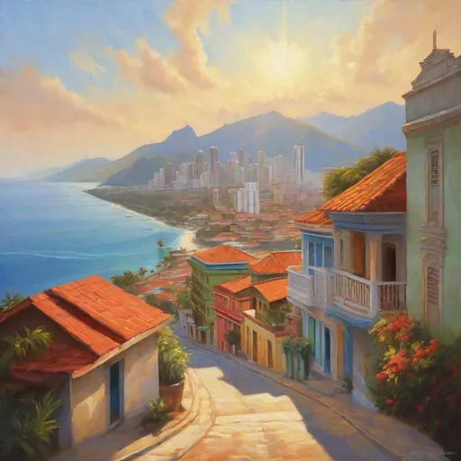 Prompt: Panama City historical center, streets, skyscrapers, mountains in the background, fortress on a hill, sunny, hot weather, hyperrealistic, extremely detailed painting by Greg Rutkowski by Steve Henderson 
