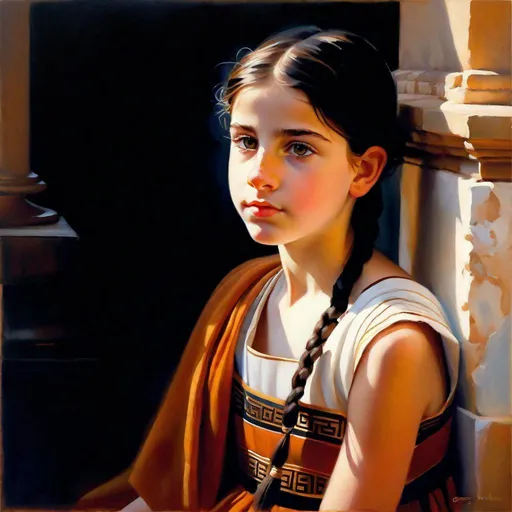 Prompt: A 13 years old Greek girl, pale skin, freckles, black hair, pigtails, brown eyes, traditional Greek dress, Athens, photorealistic, extremely detailed painting by Greg Rutkowski by Steve Henderson